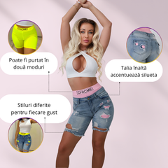 PANTALONI SCURȚI DE DAMĂ DIN DENIM CARE SE POT PURTA ÎN DOUĂ MODURI PATCHFUSION