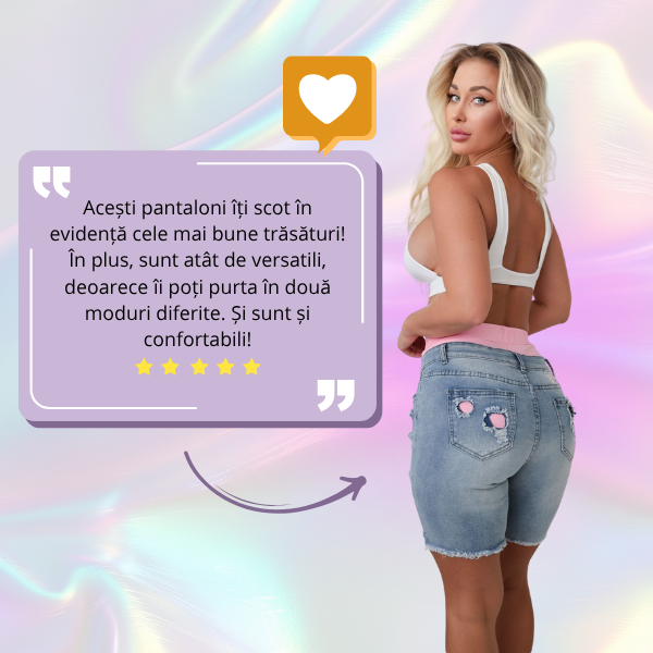 PANTALONI SCURȚI DE DAMĂ DIN DENIM CARE SE POT PURTA ÎN DOUĂ MODURI PATCHFUSION