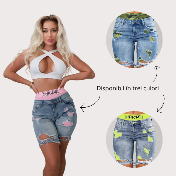 PANTALONI SCURȚI DE DAMĂ DIN DENIM CARE SE POT PURTA ÎN DOUĂ MODURI PATCHFUSION