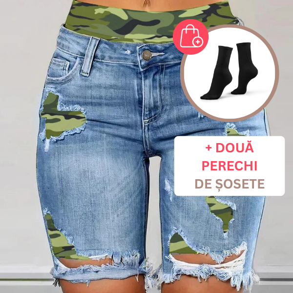 PANTALONI SCURȚI DE DAMĂ DIN DENIM CARE SE POT PURTA ÎN DOUĂ MODURI PATCHFUSION
