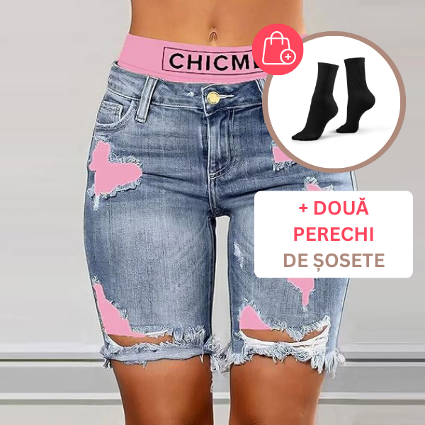 PANTALONI SCURȚI DE DAMĂ DIN DENIM CARE SE POT PURTA ÎN DOUĂ MODURI PATCHFUSION