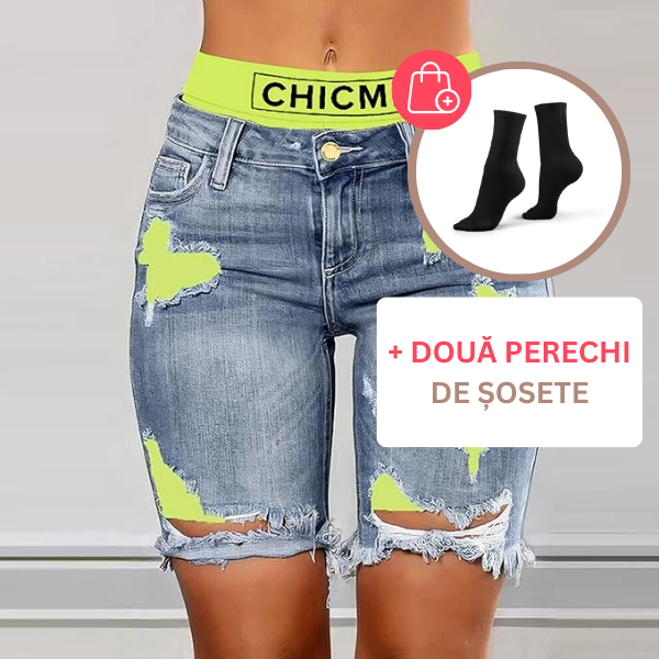 PANTALONI SCURȚI DE DAMĂ DIN DENIM CARE SE POT PURTA ÎN DOUĂ MODURI PATCHFUSION